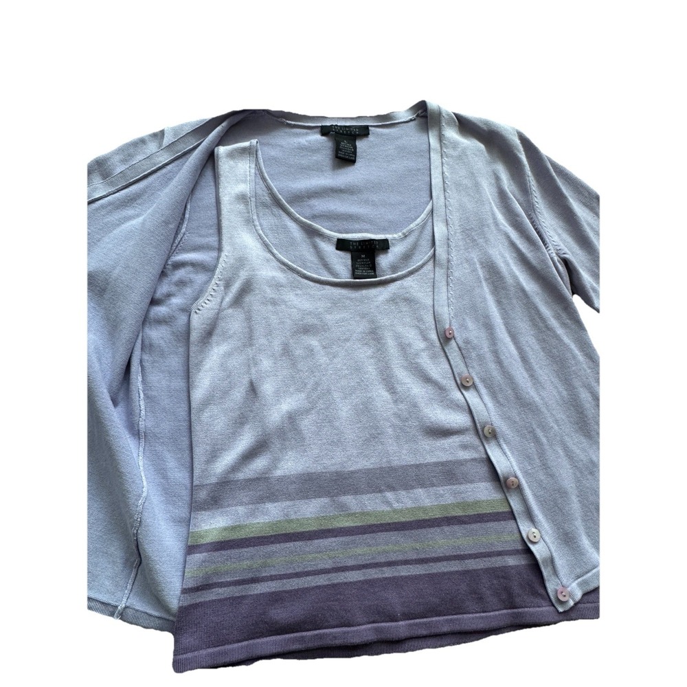 The Limited Womens Y2K Purple Cropped Stripe Silk Tank Top Button Cardigan Set S